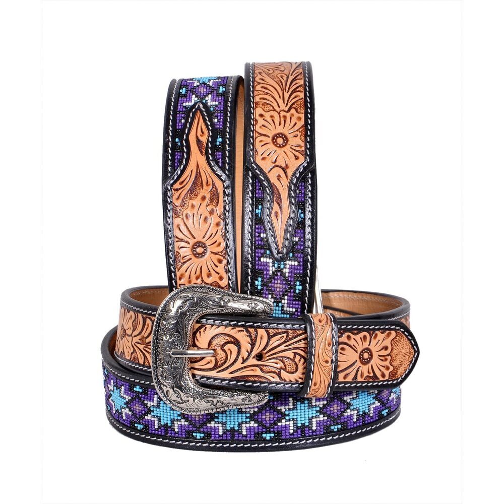 4264 Western Tooled Leather Beaded Belt For Men And Women